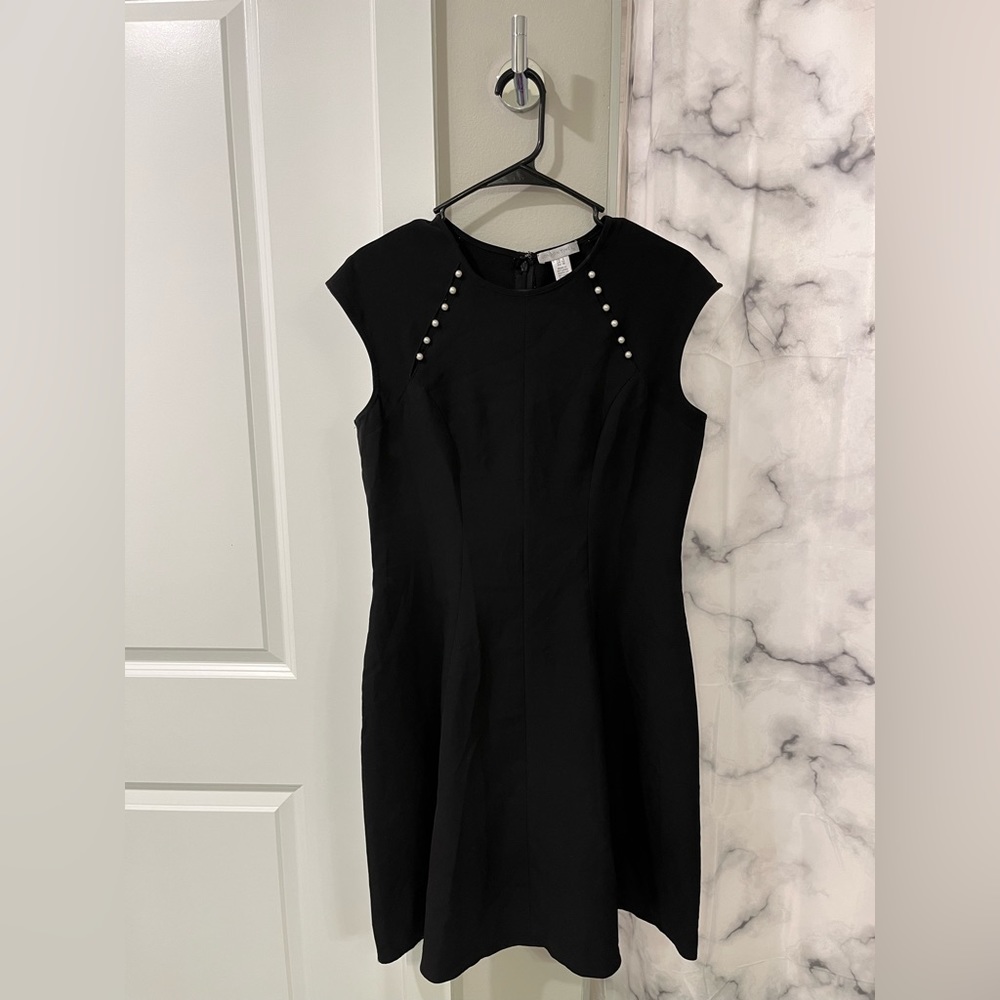 Black Cap Sleeve Dress with Pearls Detail